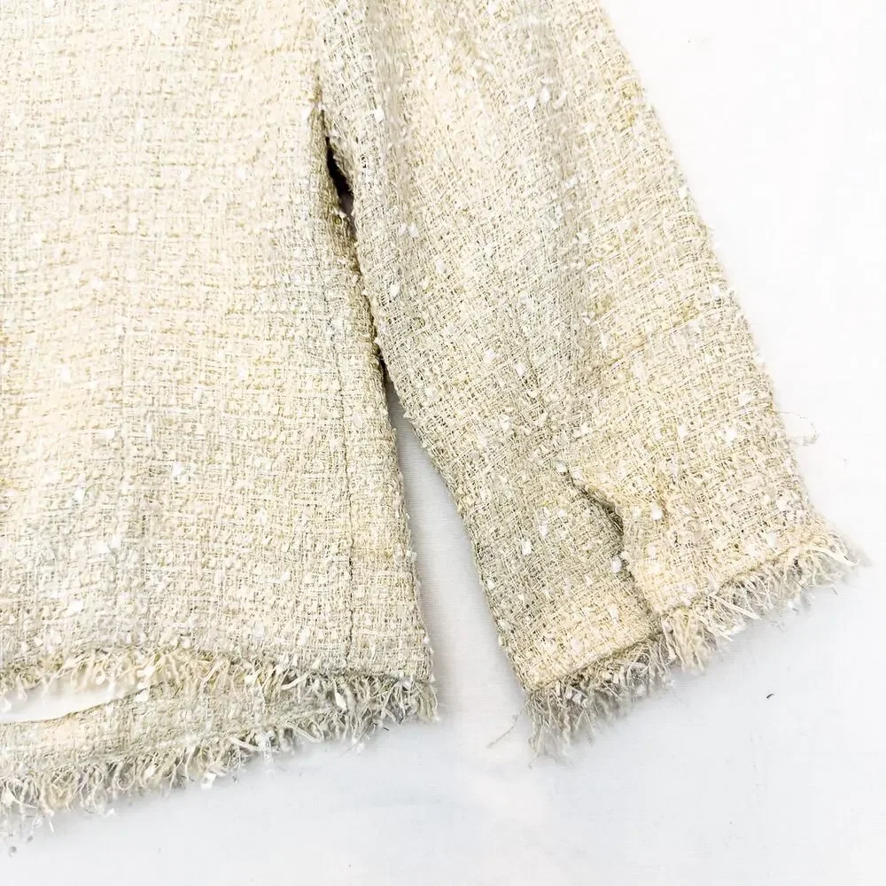 Michael Kors Woven Style Tweed Fringe Blazer Cream Gold Size Medium